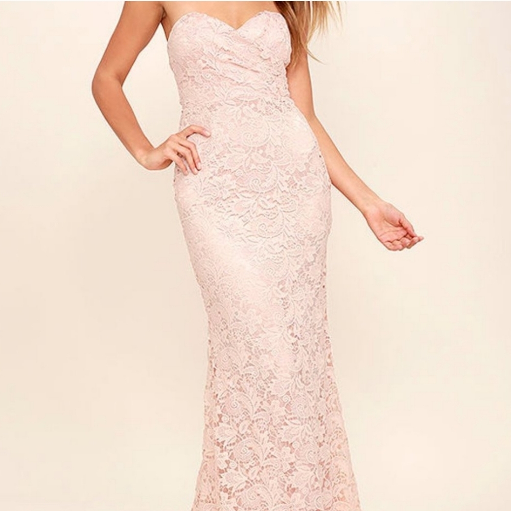 Lulu’s Blush Lace Strapless Maxi Dress